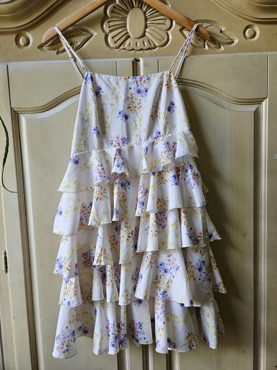 SHEIN Dresses & Skirts - SHEIN Light Yellow Floral Ruffled Summer Dress with Purple & Yellow Blossoms
